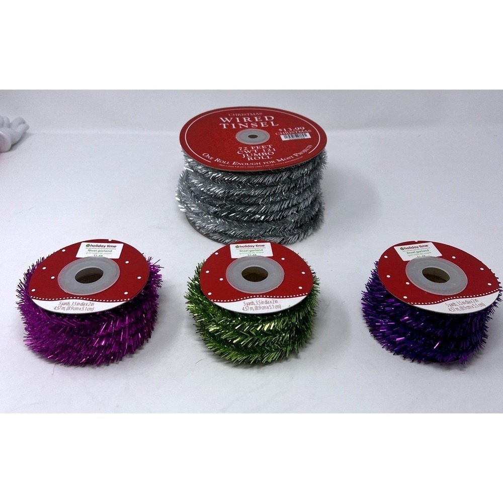 Lot Of 4 Vtg Silver Wired Tinsel Green Pink Purple 87 Feet Garland New